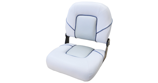 A white and grey padded folding boat seat with blue piping.